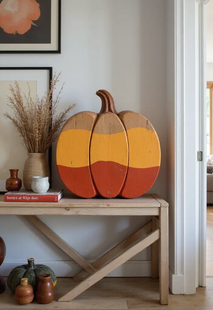 29 Wooden Pumpkin Painting Ideas That Add Rustic Charm to Your Home - 15. Color-Blocked Pumpkin