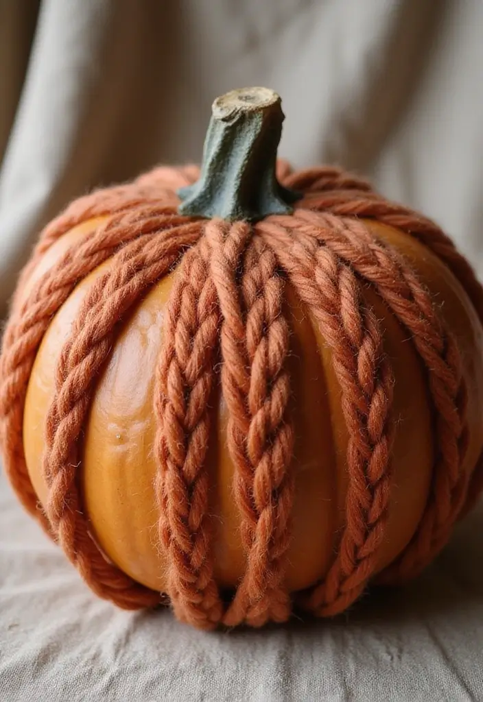 29 Wooden Pumpkin Painting Ideas That Add Rustic Charm to Your Home - 16. Textured Yarn Pumpkin