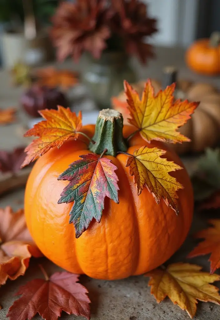 29 Wooden Pumpkin Painting Ideas That Add Rustic Charm to Your Home - 19. Fall Leaves Pumpkin