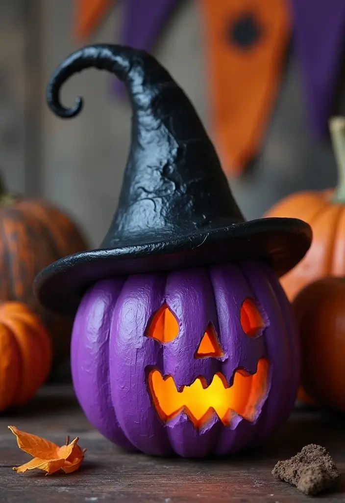 29 Wooden Pumpkin Painting Ideas That Add Rustic Charm to Your Home - 2. Whimsical Witch Hat Pumpkin