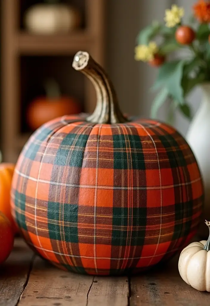 29 Wooden Pumpkin Painting Ideas That Add Rustic Charm to Your Home - 20. Tartan Plaid Pumpkin