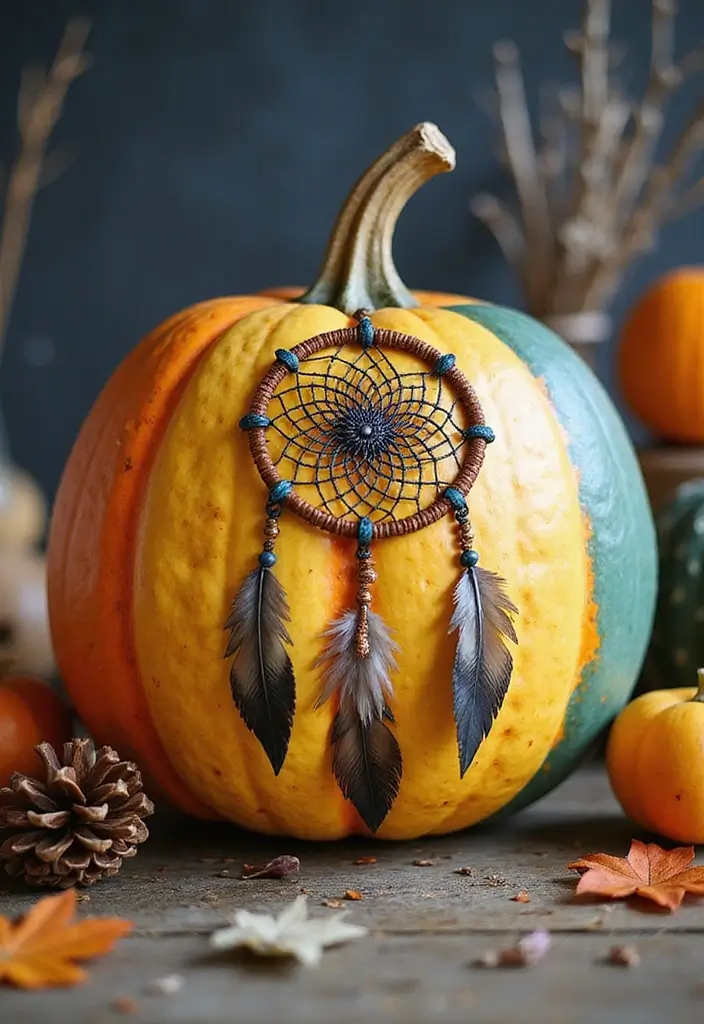 29 Wooden Pumpkin Painting Ideas That Add Rustic Charm to Your Home - 21. Bohemian Dreamcatcher Pumpkin