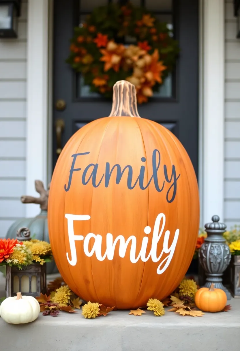 29 Wooden Pumpkin Painting Ideas That Add Rustic Charm to Your Home - 26. Personalized Family Name Pumpkin