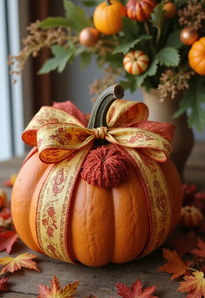 29 Wooden Pumpkin Painting Ideas That Add Rustic Charm to Your Home - 29. Layered Ribbon Pumpkin