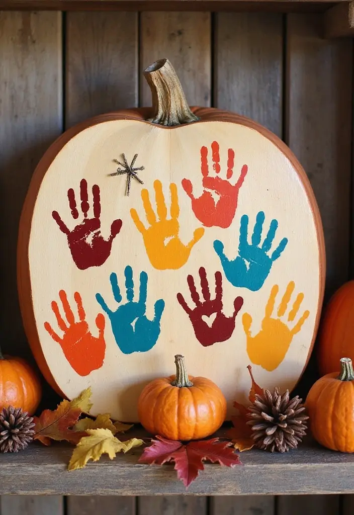 29 Wooden Pumpkin Painting Ideas That Add Rustic Charm to Your Home - 7. Family Handprint Pumpkin