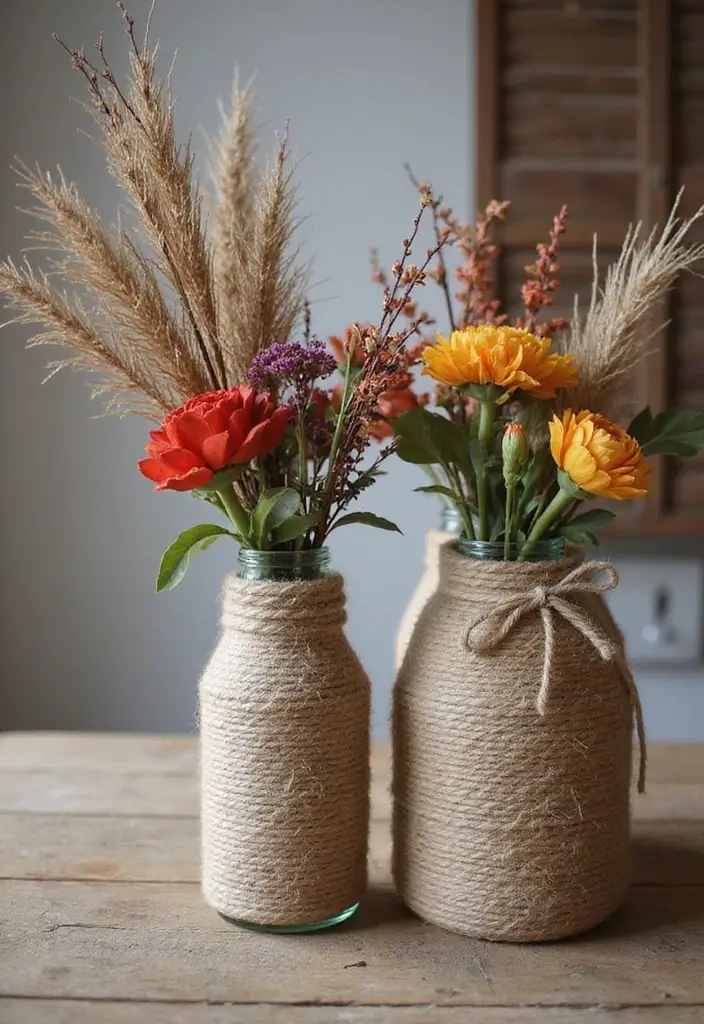 30+ Autumn Craft Ideas For Adults That Make Cozy Seasonal Decor 107 30+ Autumn Craft Ideas For Adults That Make Cozy Seasonal Decor - 19. Twine-Wrapped Vases