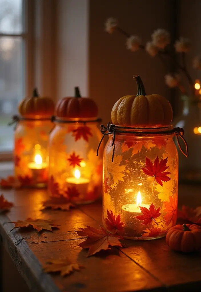 30+ Autumn Craft Ideas For Adults That Make Cozy Seasonal Decor 25 30+ Autumn Craft Ideas For Adults That Make Cozy Seasonal Decor - 5. Fall-Themed Mason Jar Lanterns