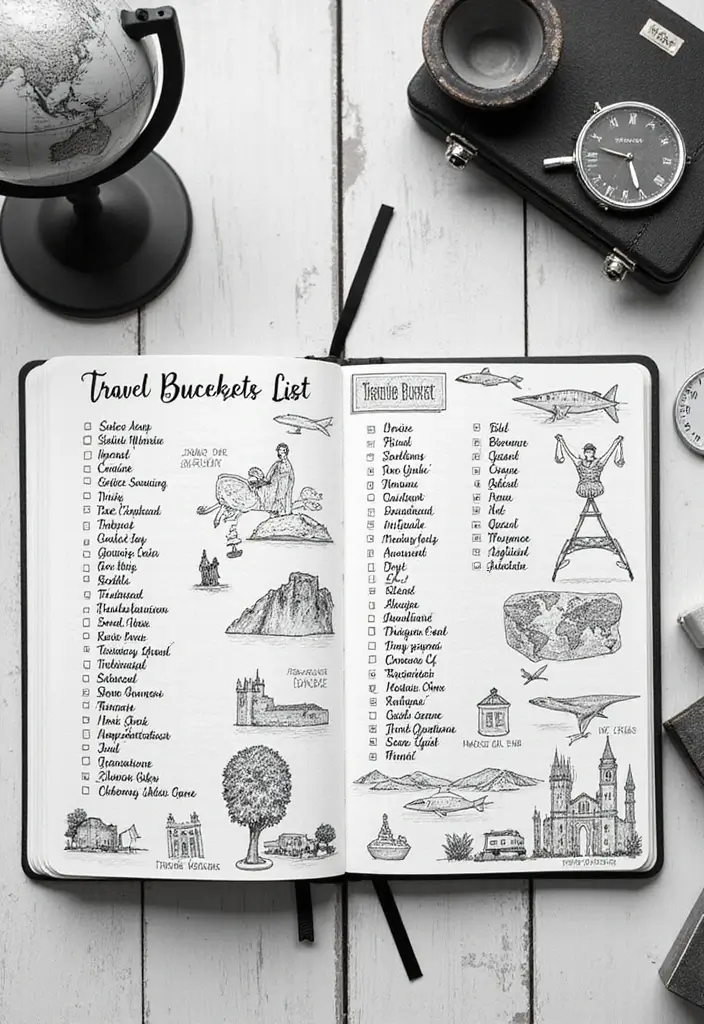 30+ Black and White Journal Ideas That Make Writing Stylish and Chic - 22. Travel Bucket Lists