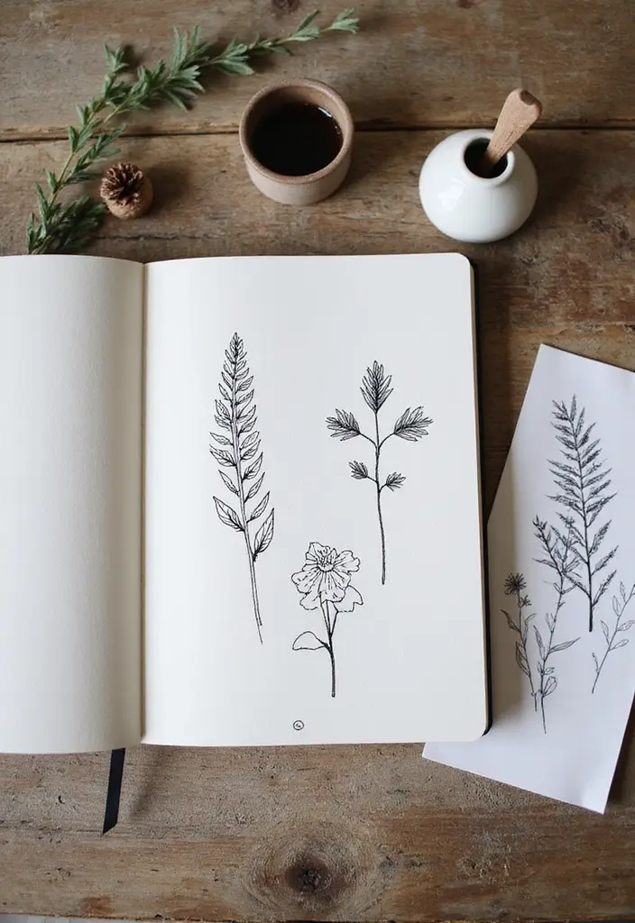 30+ Black and White Journal Ideas That Make Writing Stylish and Chic - 3. Minimalist Nature Illustrations