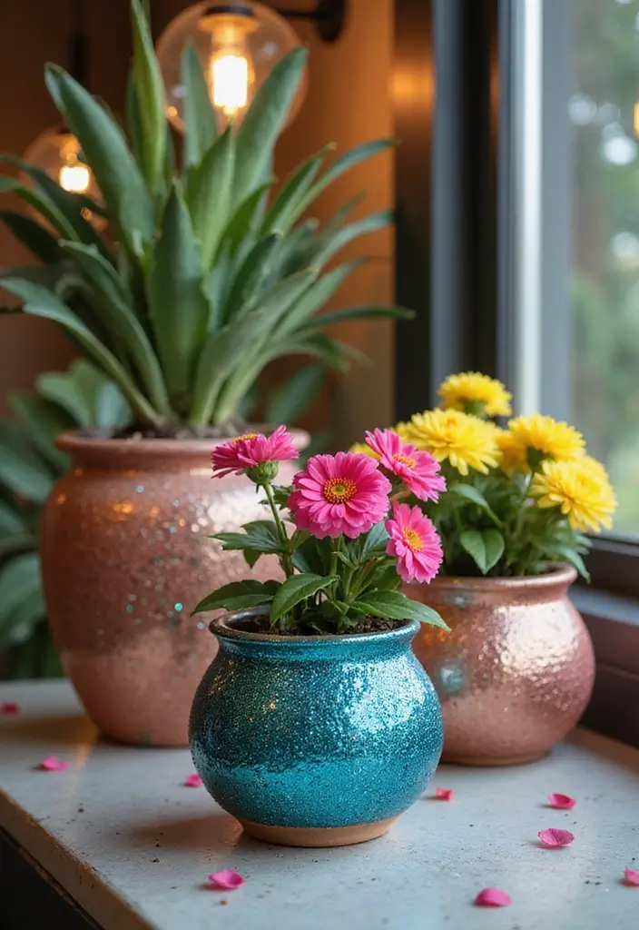 30+ DIY Flower Pot Decoration Ideas That Bring Life and Style to Plants - 10. Glittery Glam Pots
