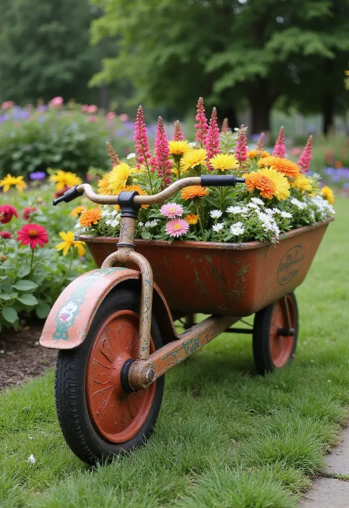 30+ DIY Flower Pot Decoration Ideas That Bring Life and Style to Plants - 19. Painted Bike or Wheelbarrow Planters