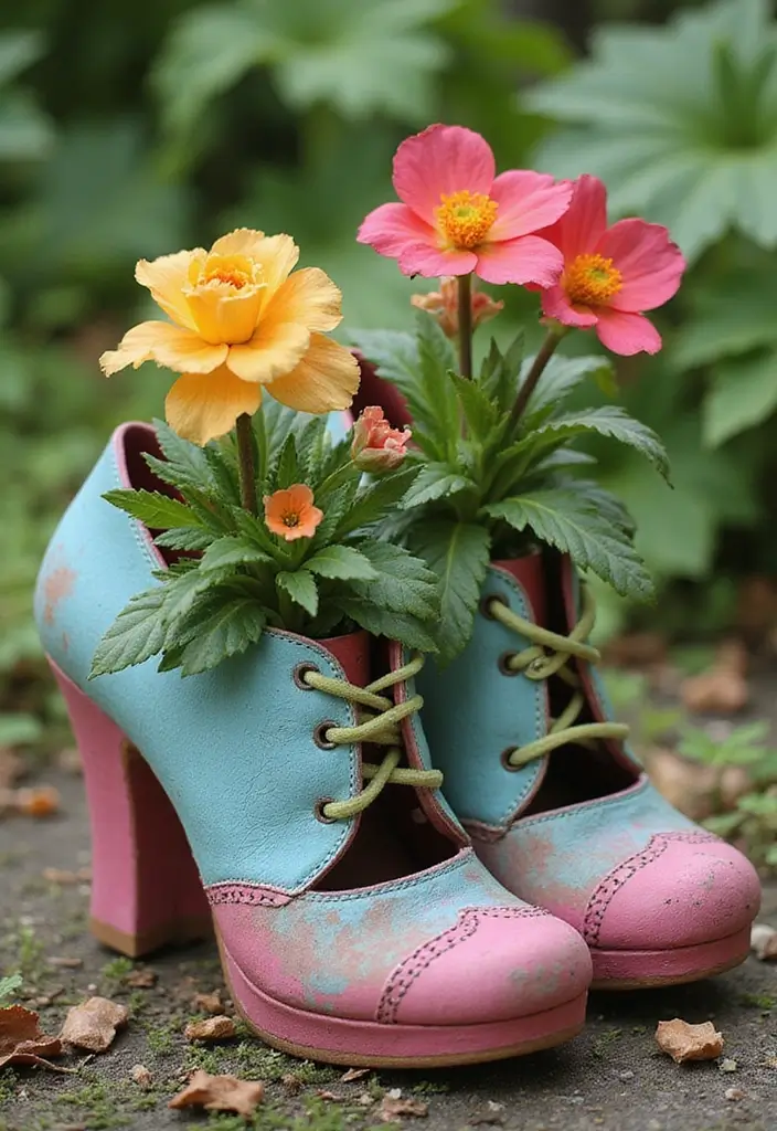30+ DIY Flower Pot Decoration Ideas That Bring Life and Style to Plants - 21. Repurposed Shoe Planters