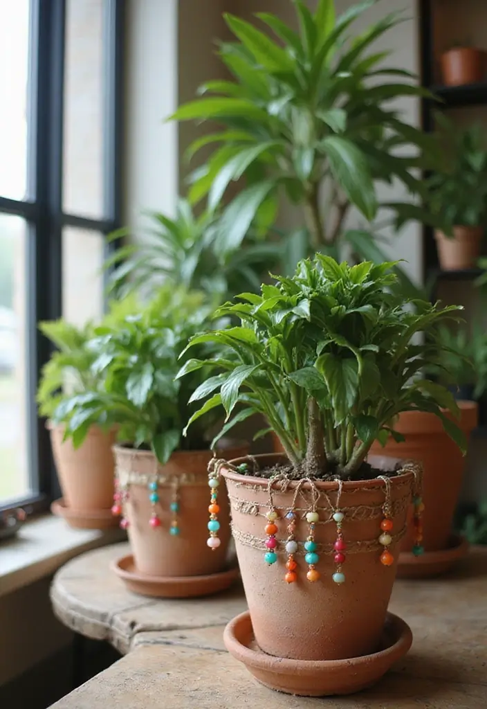 30+ DIY Flower Pot Decoration Ideas That Bring Life and Style to Plants - 24. DIY Beaded Planters