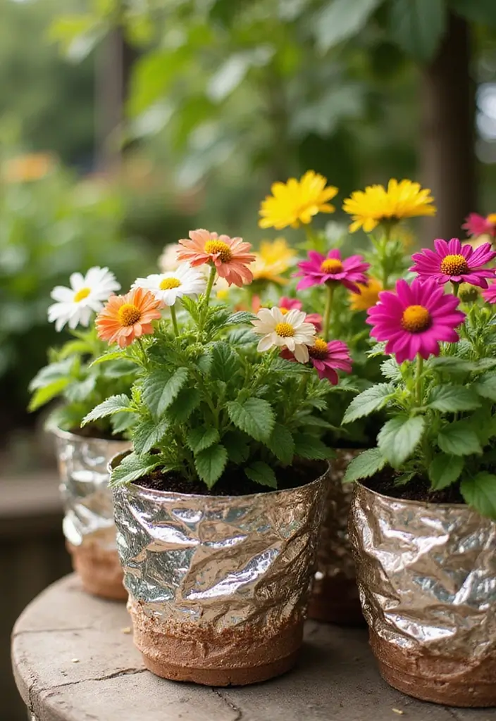 30+ DIY Flower Pot Decoration Ideas That Bring Life and Style to Plants - 27. Decorative Tin Foil Wraps