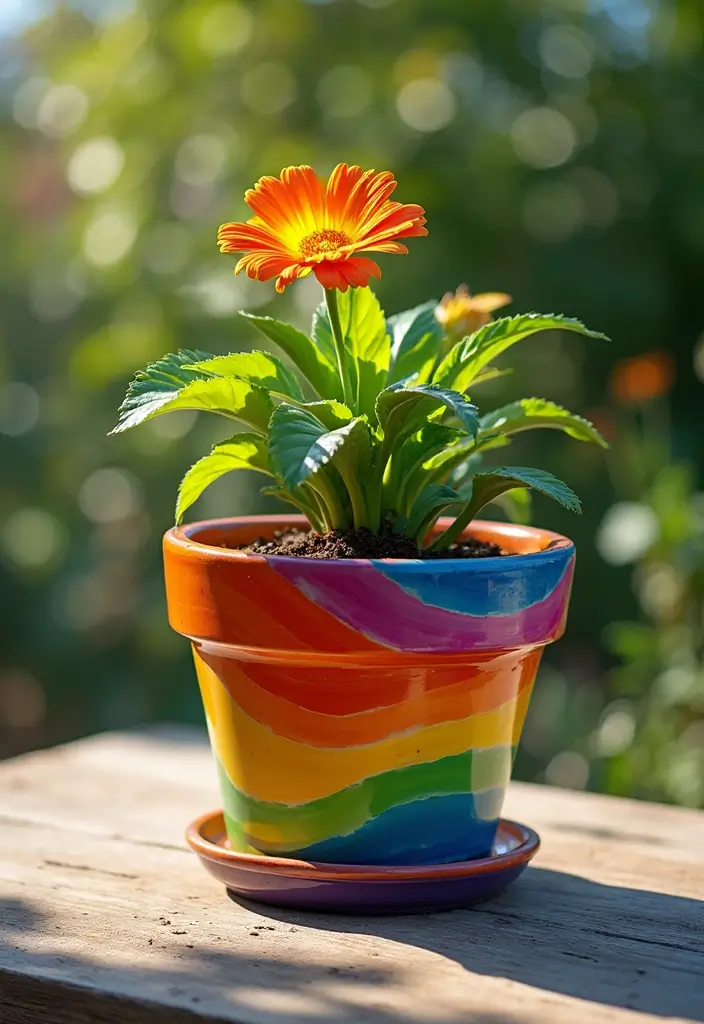 30+ DIY Flower Pot Painting Ideas That Make Gardens Bright and Fun - 1. Rainbow Swirls for a Bright Touch