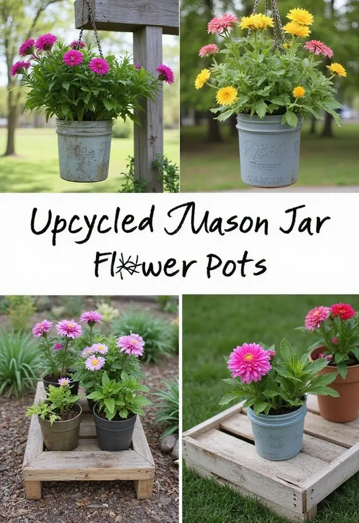 30+ DIY Flower Pot Painting Ideas That Make Gardens Bright and Fun - 10. Upcycled Finds: Mason Jar Pots