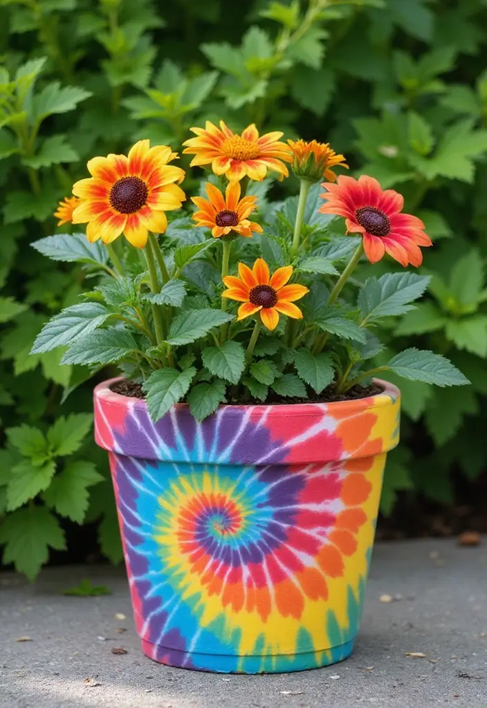30+ DIY Flower Pot Painting Ideas That Make Gardens Bright and Fun - 11. Tie-Dye Techniques for Fun Patterns