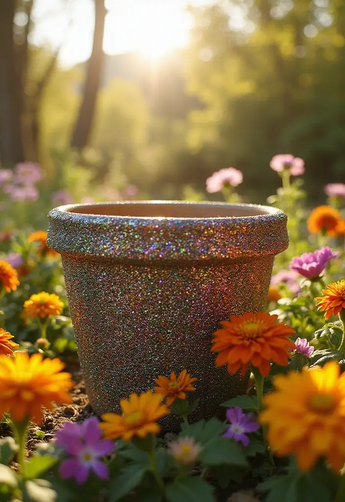30+ DIY Flower Pot Painting Ideas That Make Gardens Bright and Fun - 13. Glittering Glam with Sparkle