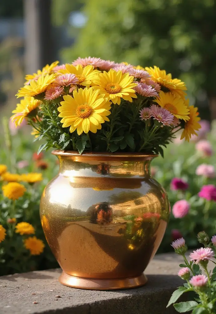 30+ DIY Flower Pot Painting Ideas That Make Gardens Bright and Fun - 17. Metallic Finishes for a Luxe Look