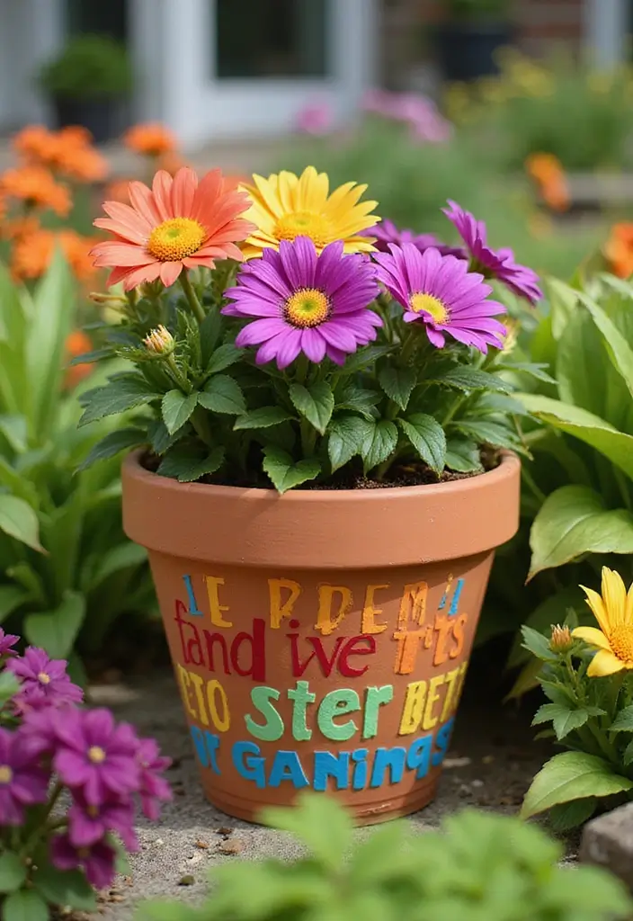 30+ DIY Flower Pot Painting Ideas That Make Gardens Bright and Fun - 19. Fun Quote Pots