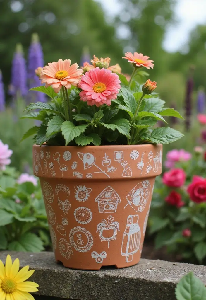 30+ DIY Flower Pot Painting Ideas That Make Gardens Bright and Fun - 20. Stamped Patterns with Everyday Items