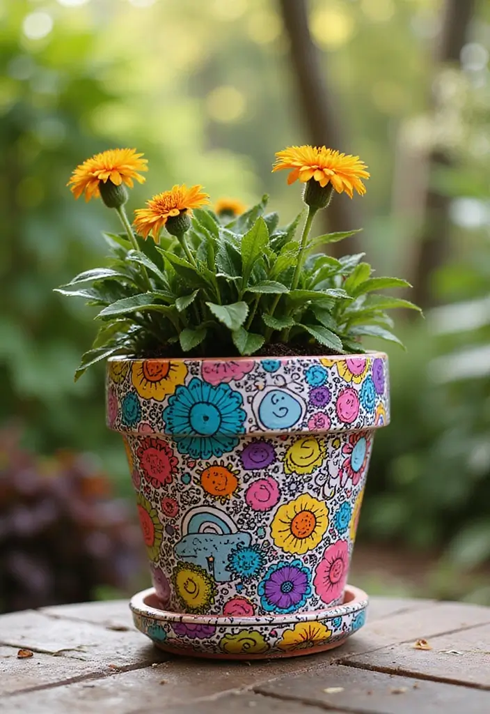 30+ DIY Flower Pot Painting Ideas That Make Gardens Bright and Fun - 22. Whimsical Patterns with Doodles