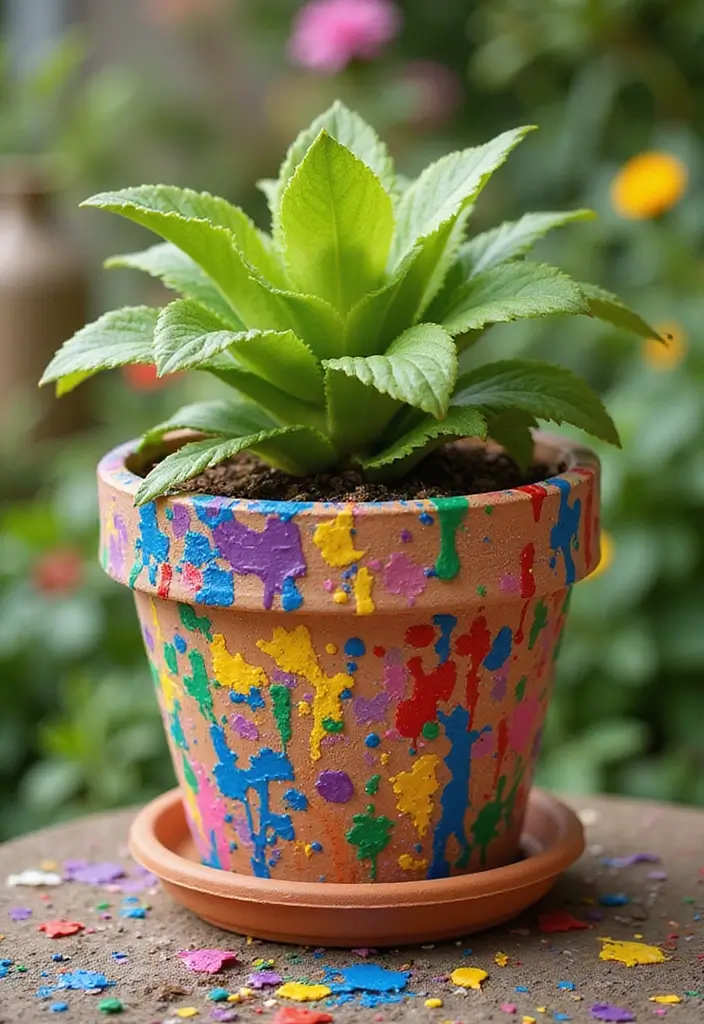 30+ DIY Flower Pot Painting Ideas That Make Gardens Bright and Fun - 26. Artistic Splatter Painting
