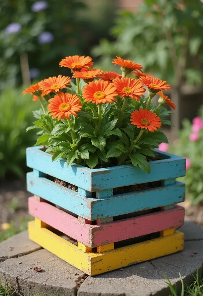 30+ DIY Flower Pot Painting Ideas That Make Gardens Bright and Fun - 27. Upcycled Wooden Crate Pots