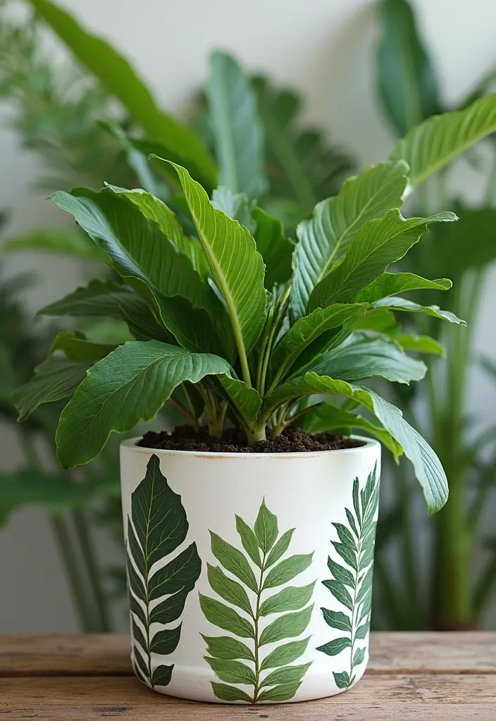 30+ DIY Flower Pot Painting Ideas That Make Gardens Bright and Fun - 29. Nature’s Prints with Botanical Art