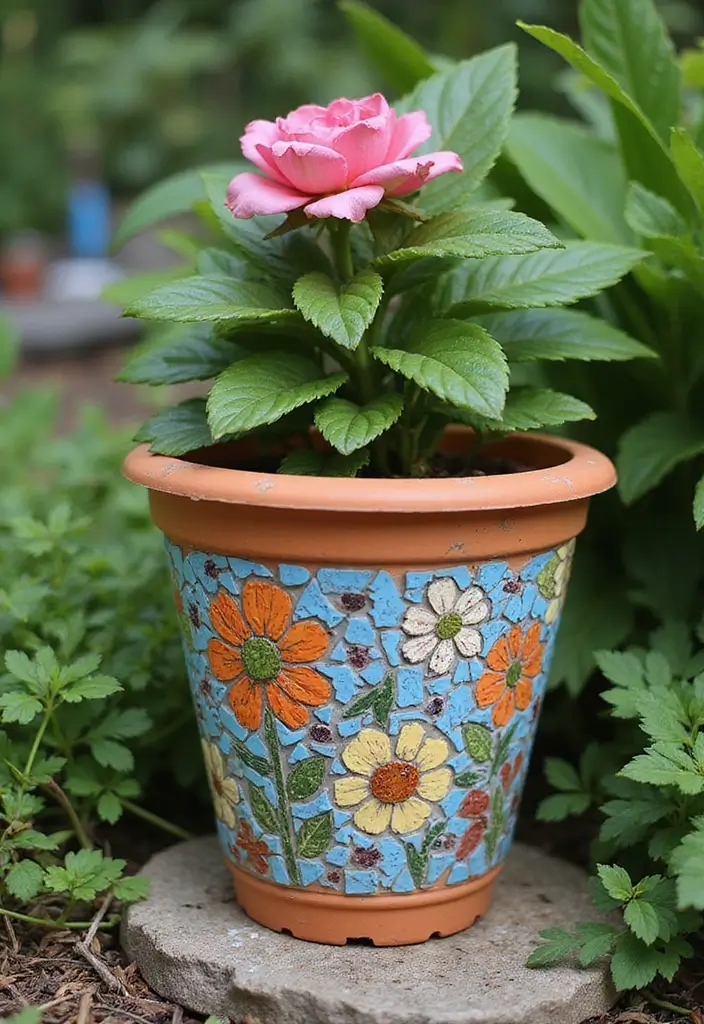30+ DIY Flower Pot Painting Ideas That Make Gardens Bright and Fun - 6. Mosaic Magic
