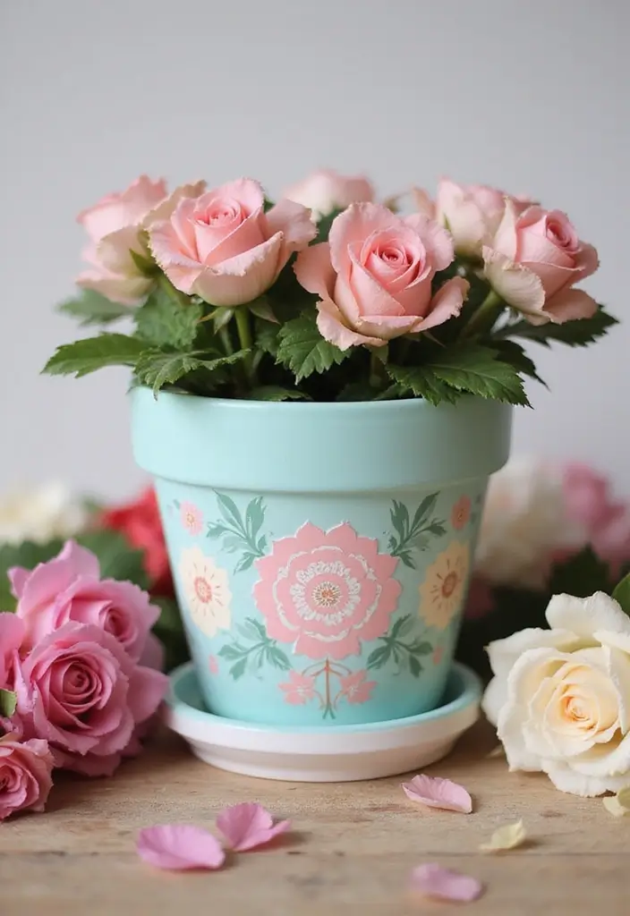 30+ DIY Flower Pot Painting Ideas That Make Gardens Bright and Fun - 9. Floral Stencils for Elegant Touch