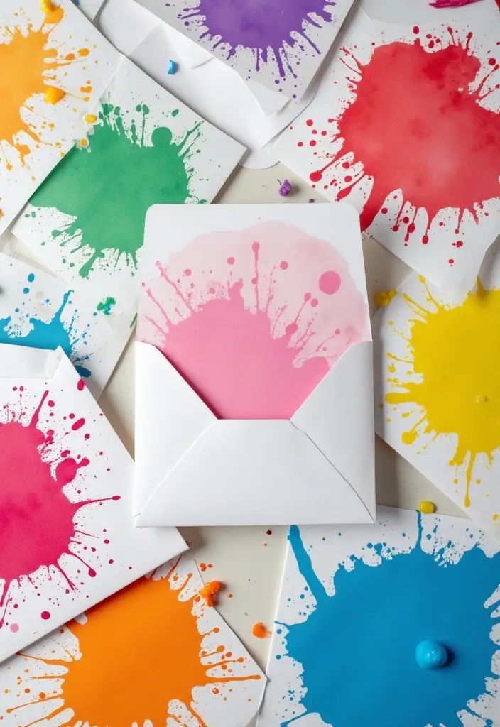30+ Envelopes Decoration Ideas That Make Mail Fun, Cute, and Creative - 29. Paint Splatter Technique
