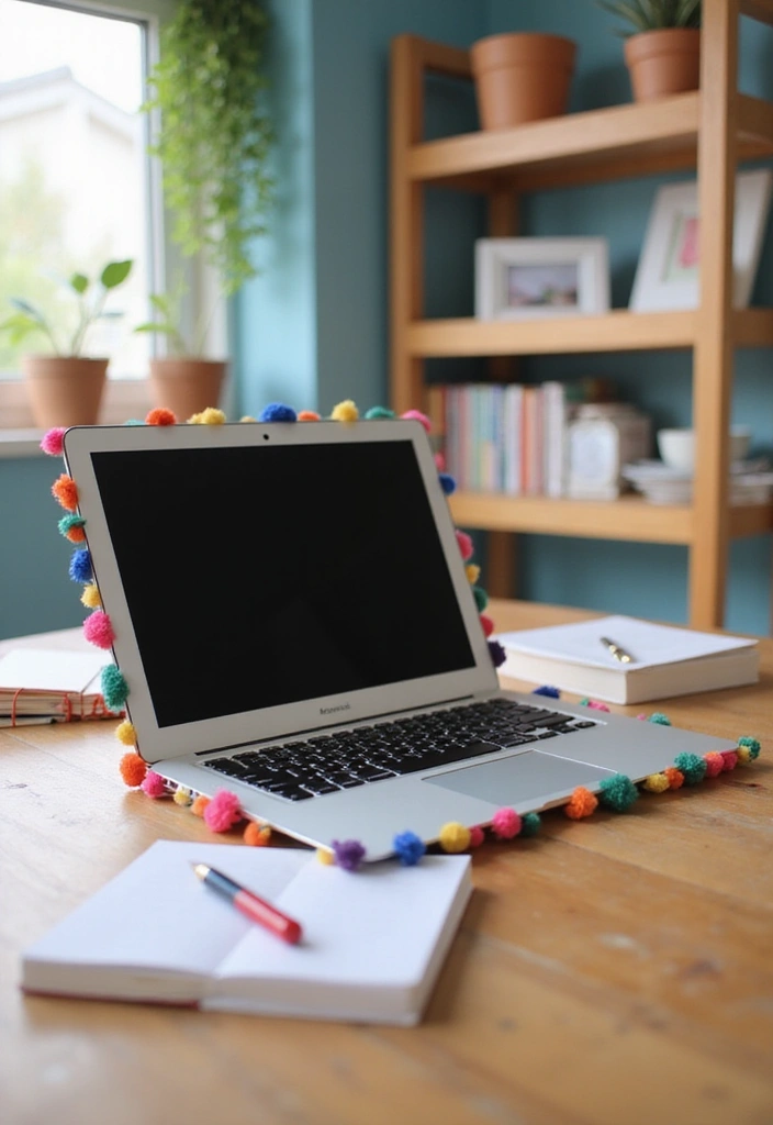 30+ Laptop Decoration Ideas That Make Tech Stylish, Fun, and Personalized - 26. Fun Pom-Pom Accents