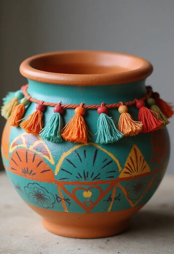 30+ Painting Ideas For Pots That Make Plants Pop and Look Stunning - 1. Bohemian Fringe Pots