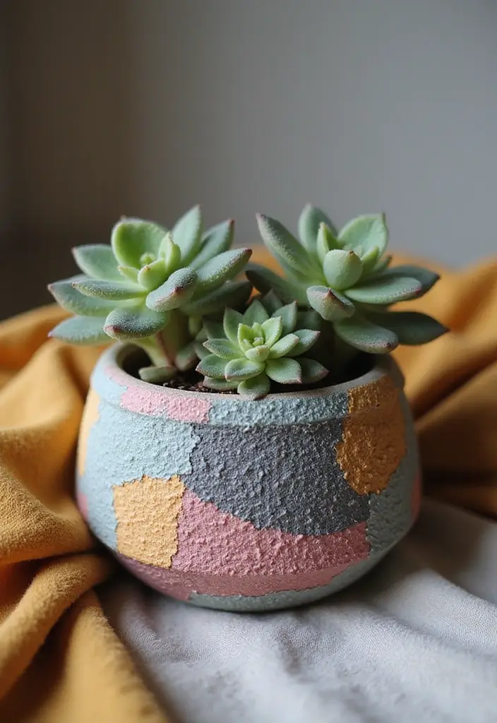 30+ Painting Ideas For Pots That Make Plants Pop and Look Stunning - 10. Textured Fabric Pots
