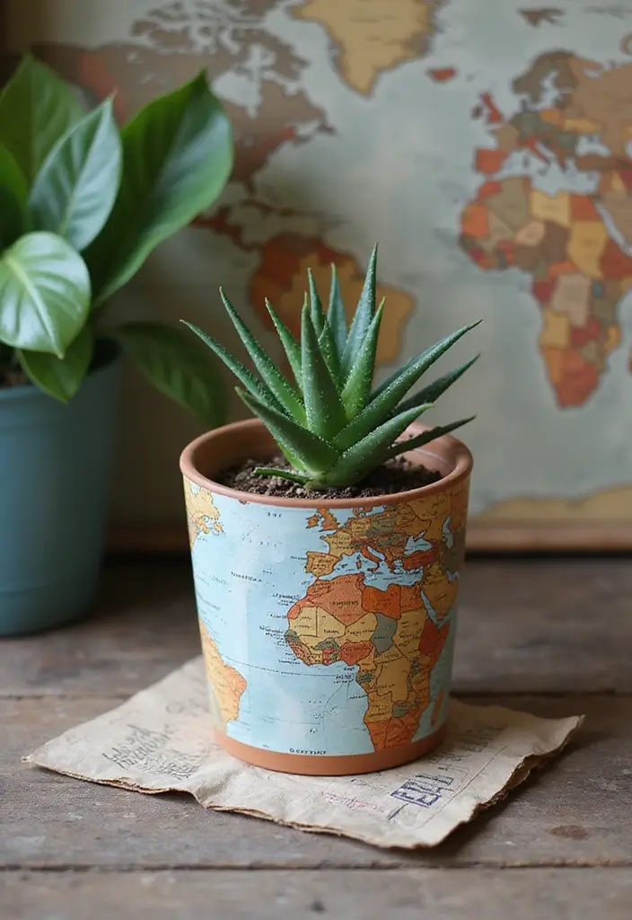 30+ Painting Ideas For Pots That Make Plants Pop and Look Stunning - 14. Vintage Map Pots