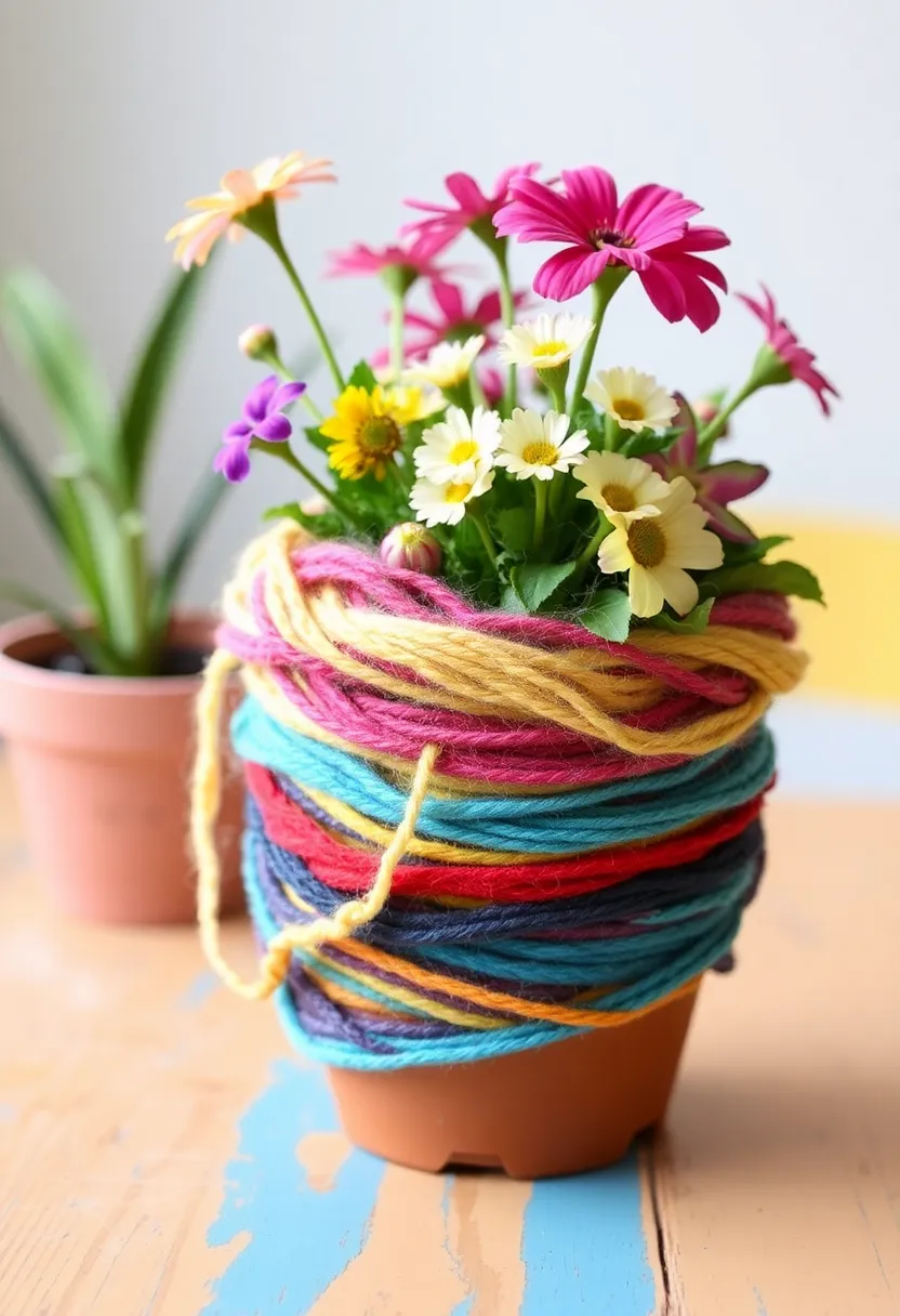 30+ Painting Ideas For Pots That Make Plants Pop and Look Stunning - 23. Fabric and Yarn-Wrapped Pots