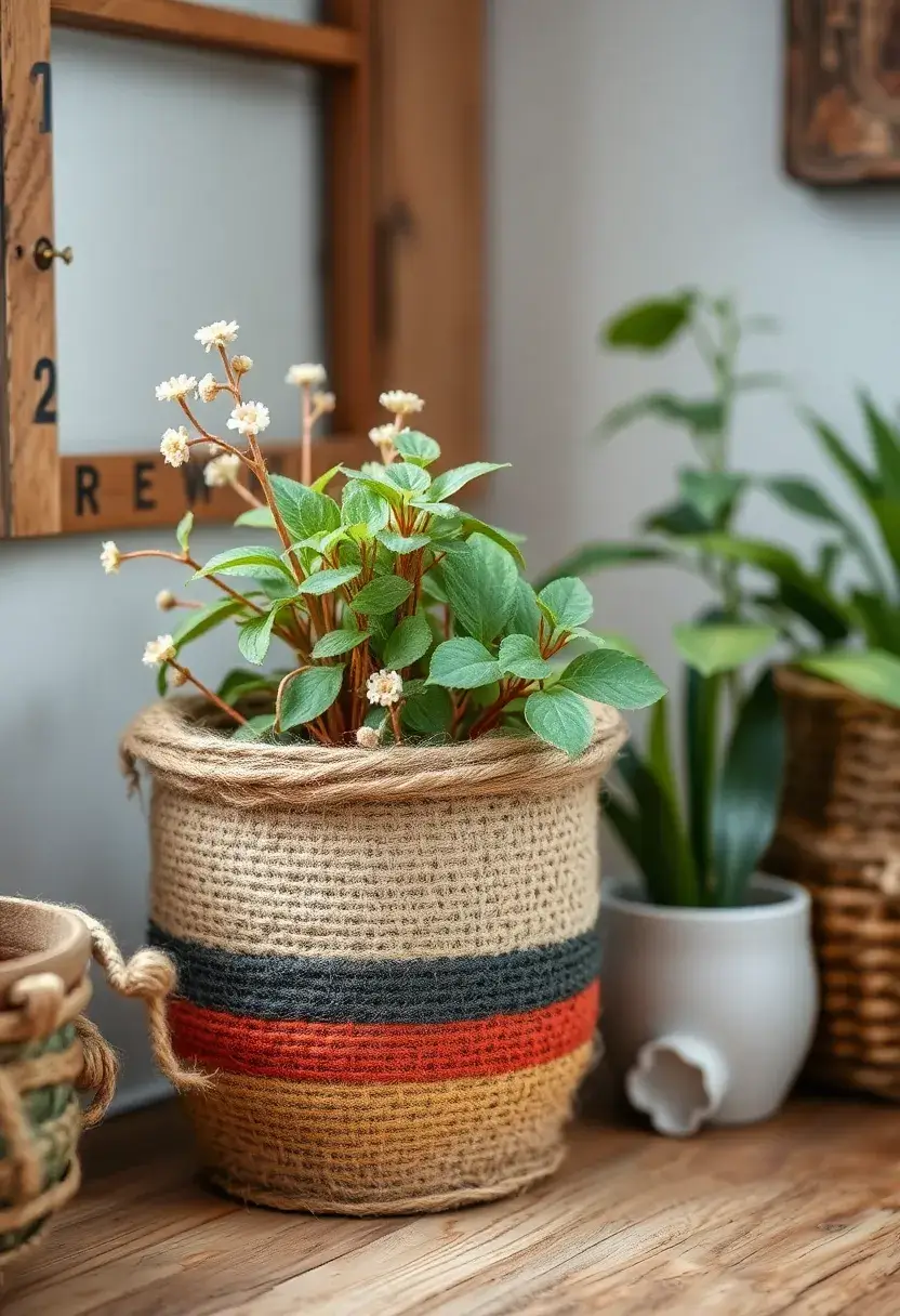 30+ Painting Ideas For Pots That Make Plants Pop and Look Stunning - 26. Rustic Painted Jute Pots