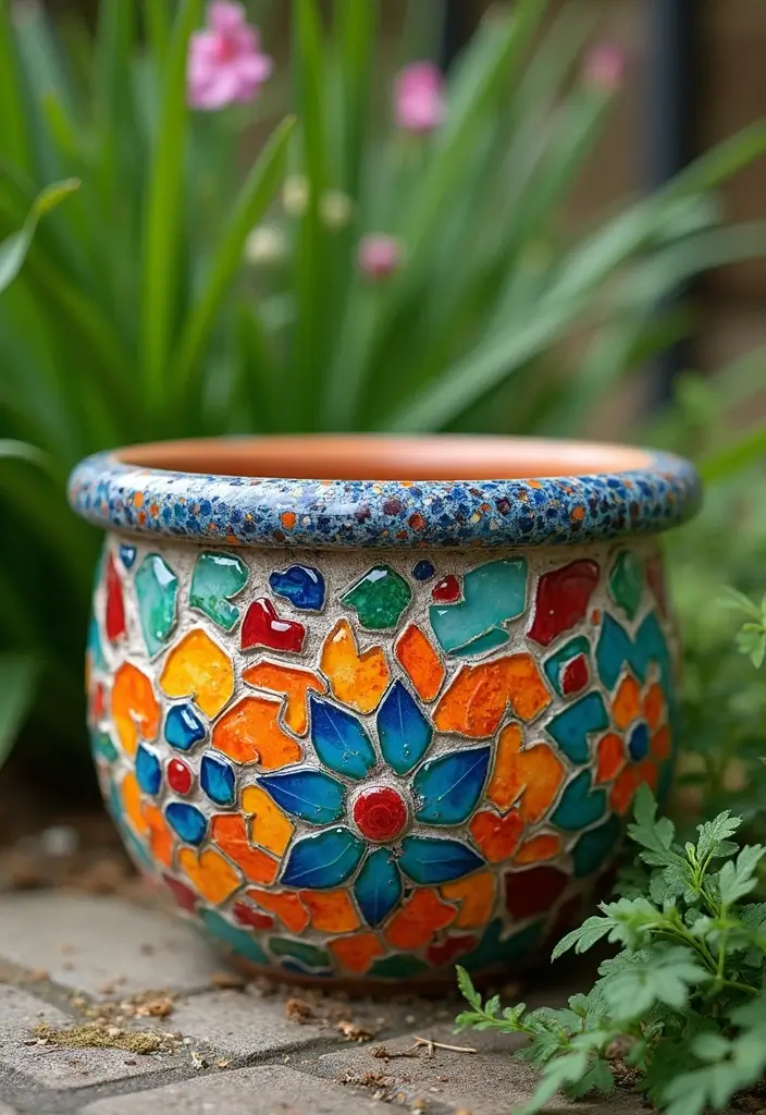 30+ Painting Ideas For Pots That Make Plants Pop and Look Stunning - 7. Mosaic Tile Pot Art