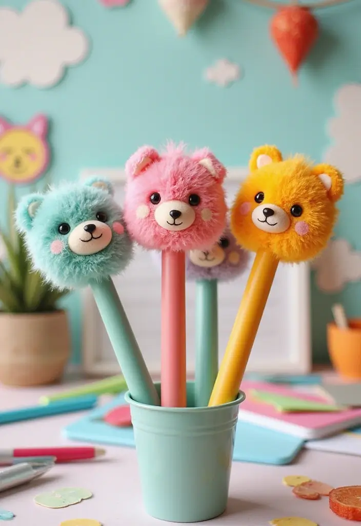 30+ Pen Decoration Ideas That Make Writing Fun, Stylish, and Personalized - 14. Fun Fuzzy Friends