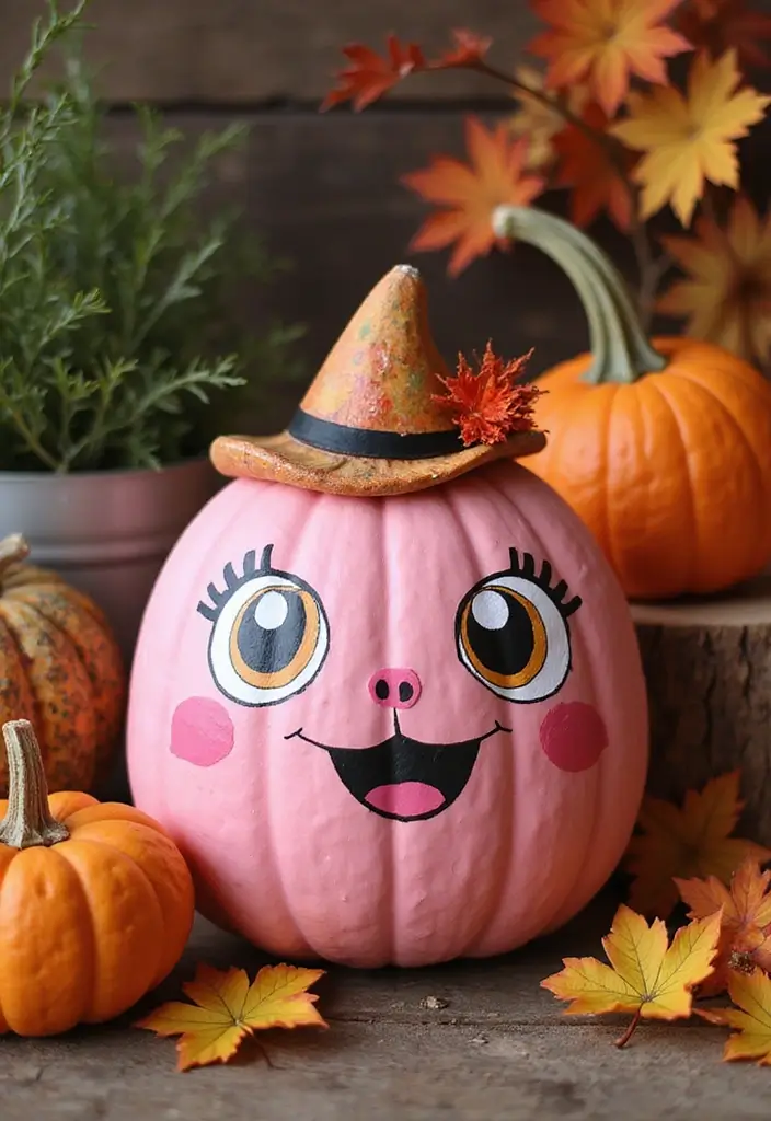 30+ Pink Pumpkin Painting Ideas That Add a Sweet Stylish Touch to Decor - 10. Whimsical Character Pumpkins