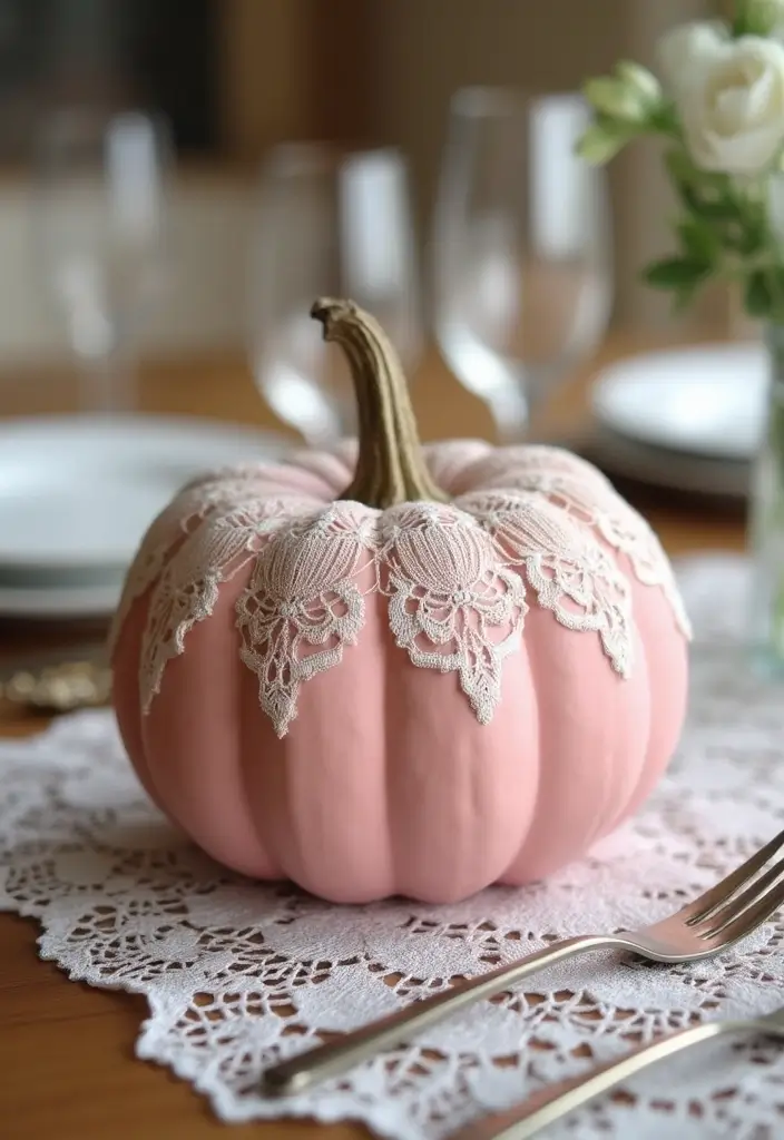 30+ Pink Pumpkin Painting Ideas That Add a Sweet Stylish Touch to Decor - 14. Vintage Lace Pumpkin