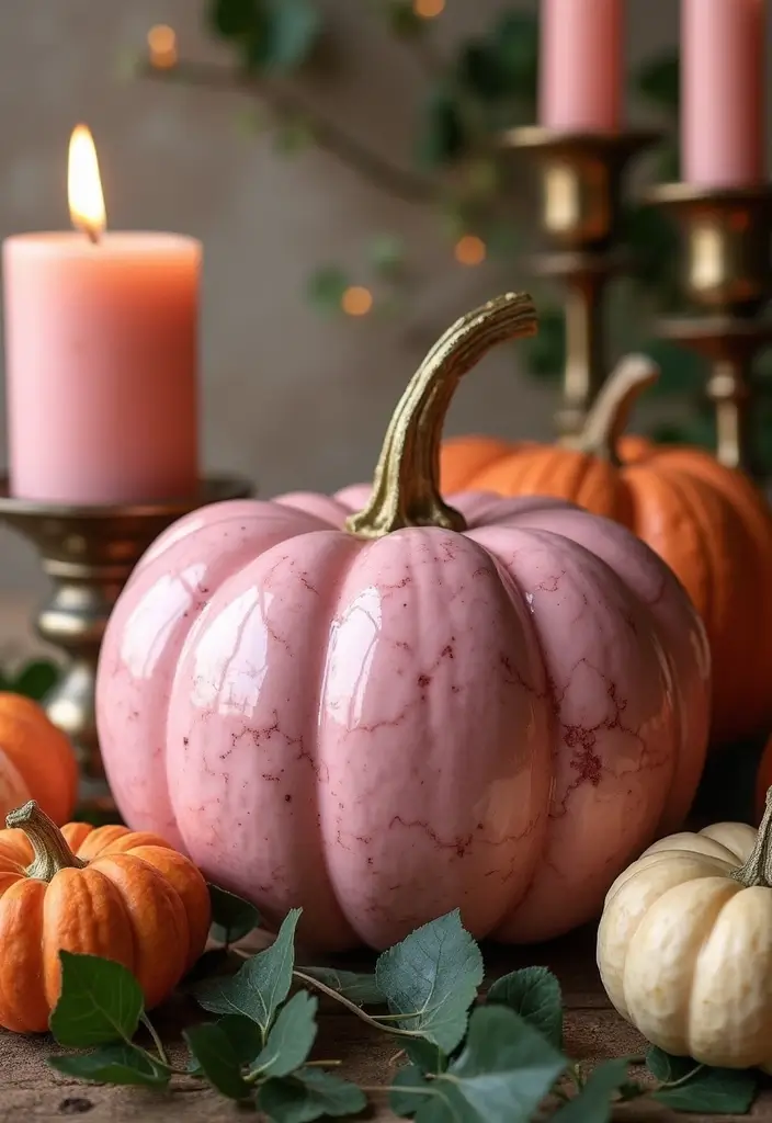 30+ Pink Pumpkin Painting Ideas That Add a Sweet Stylish Touch to Decor - 16. Elegant Marble Effect Pumpkin