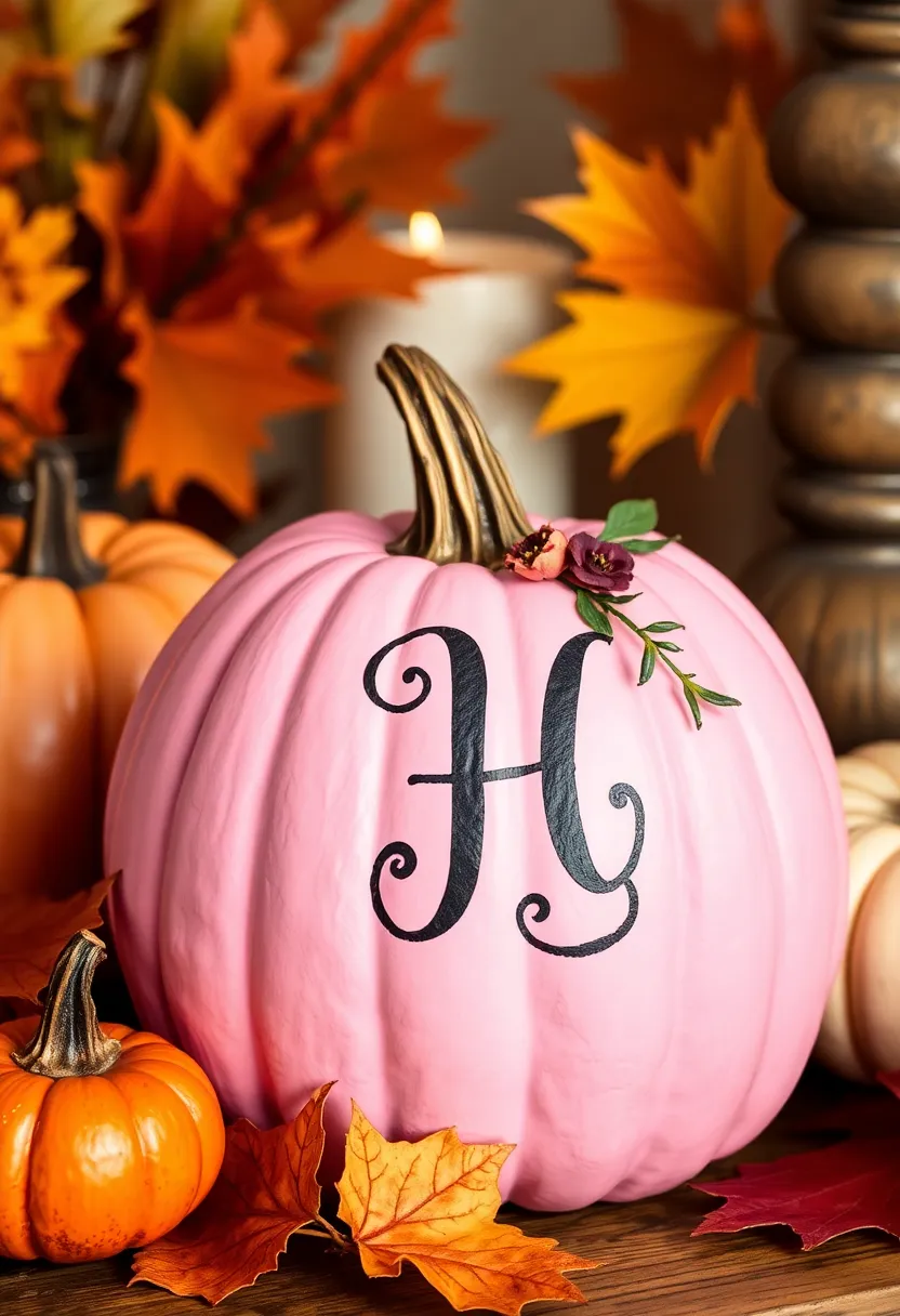30+ Pink Pumpkin Painting Ideas That Add a Sweet Stylish Touch to Decor - 18. Personalized Initial Pumpkin