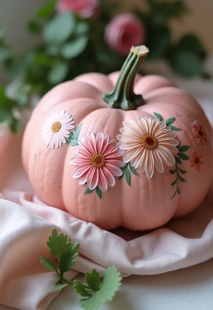 30+ Pink Pumpkin Painting Ideas That Add a Sweet Stylish Touch to Decor - 2. Floral Painted Pumpkin