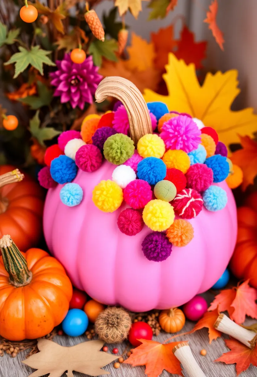 30+ Pink Pumpkin Painting Ideas That Add a Sweet Stylish Touch to Decor - 20. Pompom Decorated Pumpkin