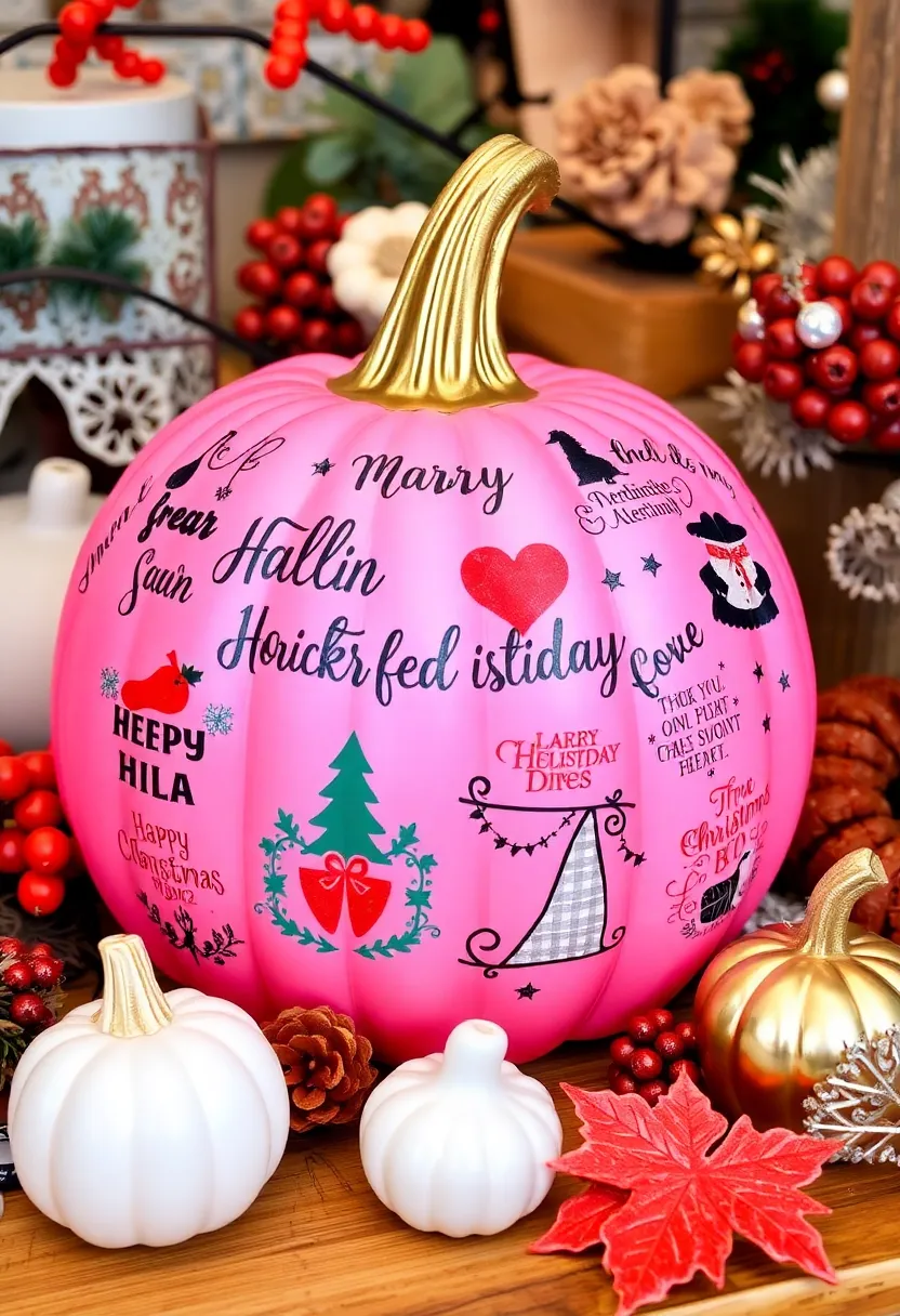 30+ Pink Pumpkin Painting Ideas That Add a Sweet Stylish Touch to Decor - 24. Holiday-Themed Pumpkin