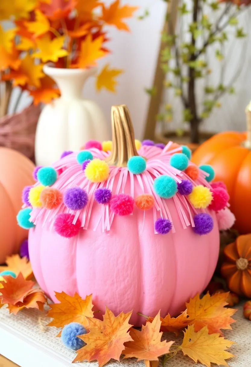 30+ Pink Pumpkin Painting Ideas That Add a Sweet Stylish Touch to Decor - 26. Pom Pom Fringe Pumpkin