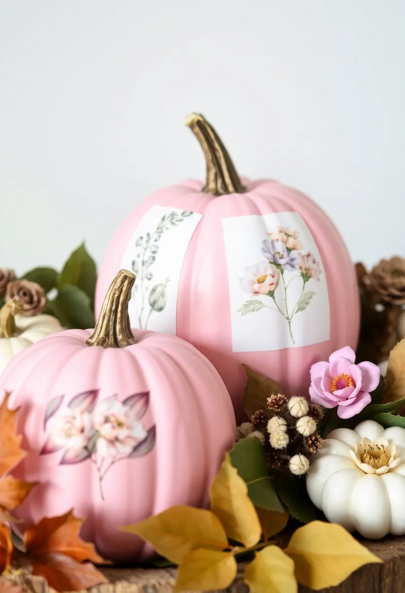 30+ Pink Pumpkin Painting Ideas That Add a Sweet Stylish Touch to Decor - 28. Botanical Print Pumpkin