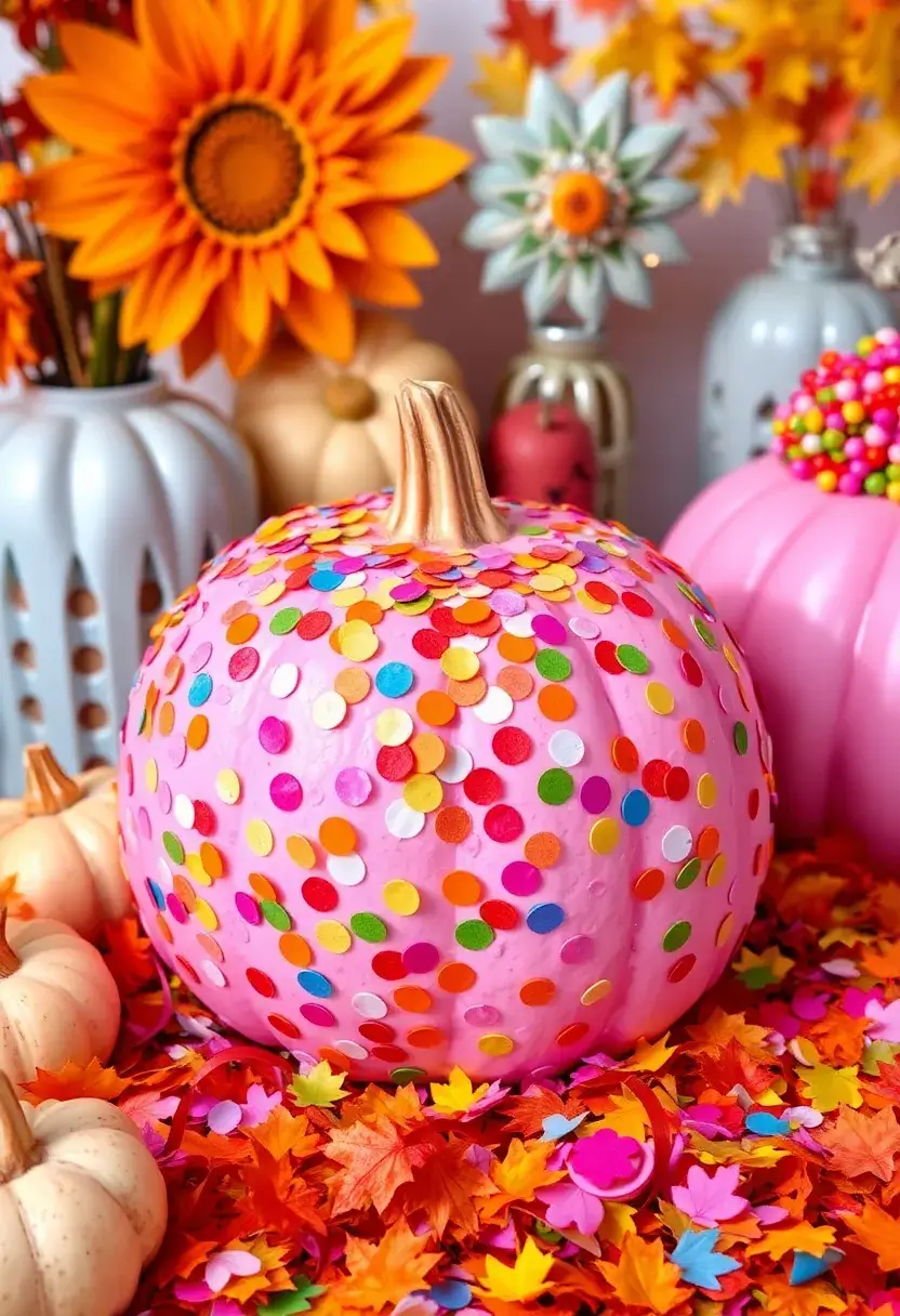 30+ Pink Pumpkin Painting Ideas That Add a Sweet Stylish Touch to Decor - 29. Colorful Confetti Pumpkin